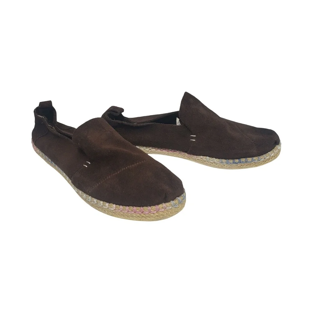 TOMS x & Other Stories Brown Suede Espadrille Flats Multi Color Stitch Womens 9
